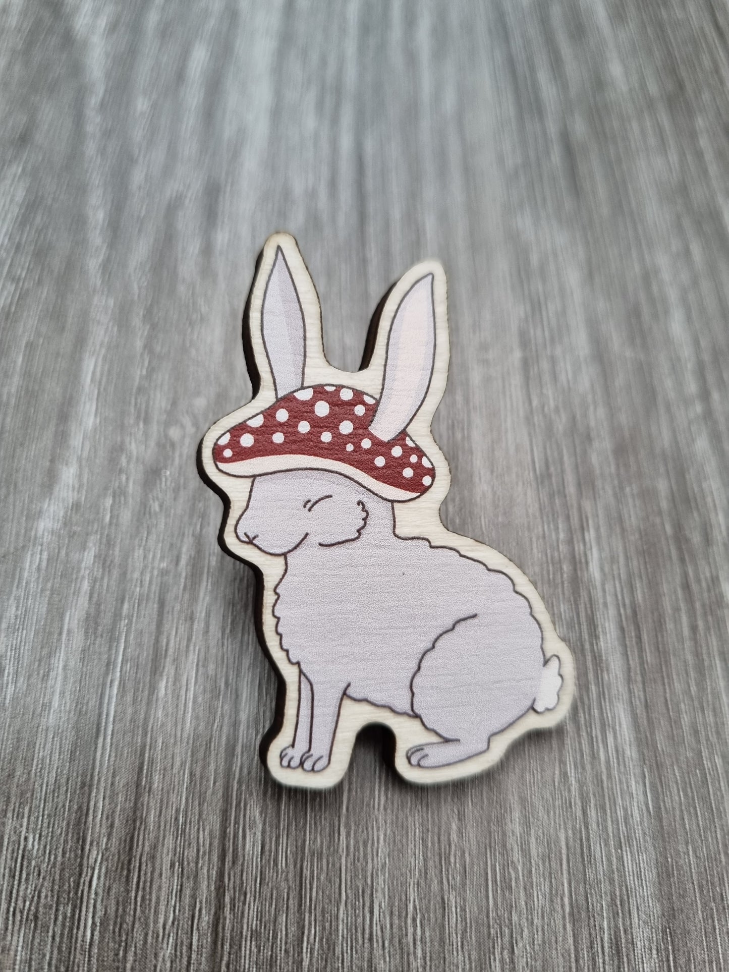 Cute mushroom bunny pin, wooden rabbit pin badge