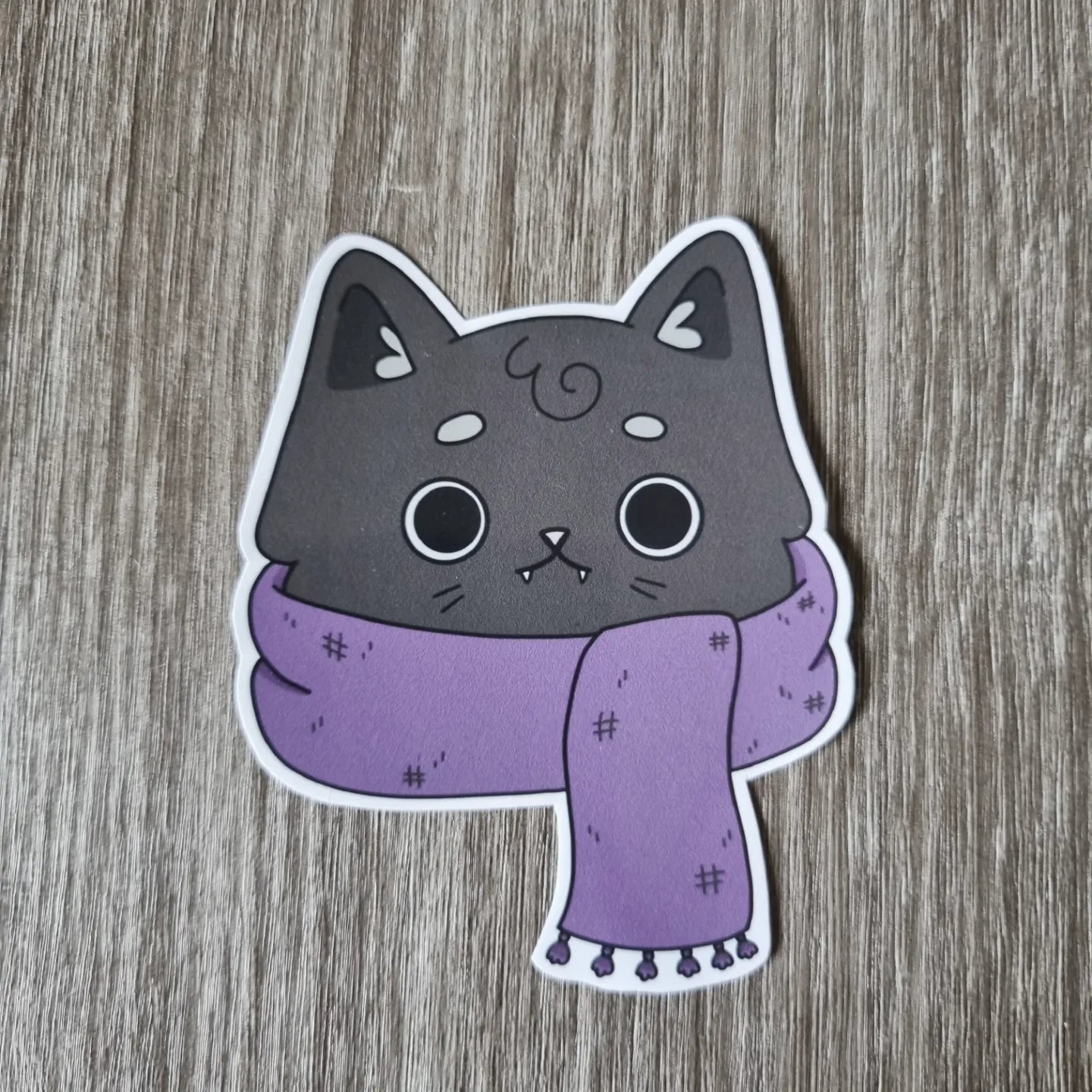 Cute cozy black cat sticker, autumnal spooky scarf cat sticker for laptops, journals and notebooks