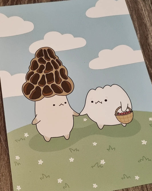 Cute morel & puffball A5 mushroom art print