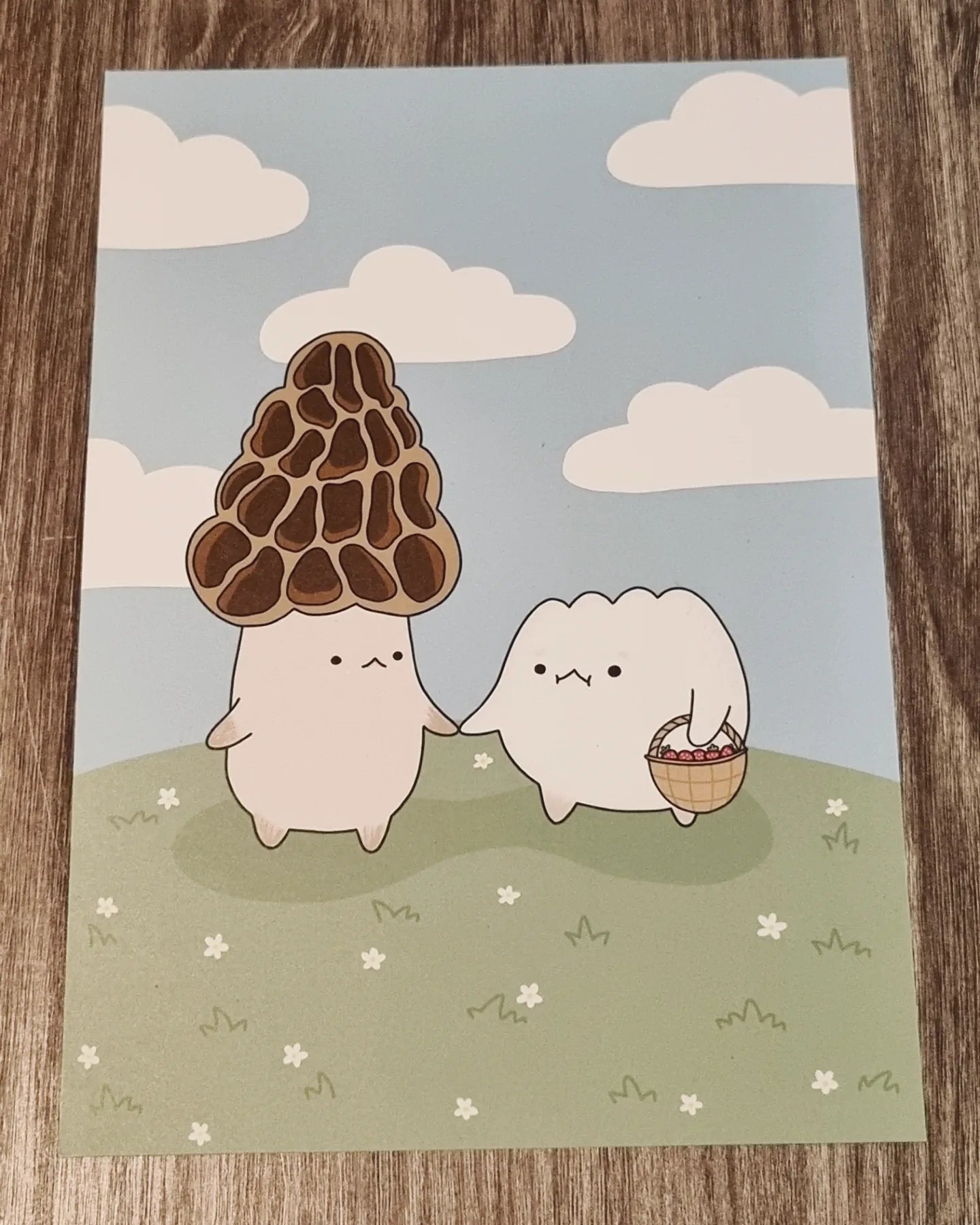 Cute morel & puffball A5 mushroom art print