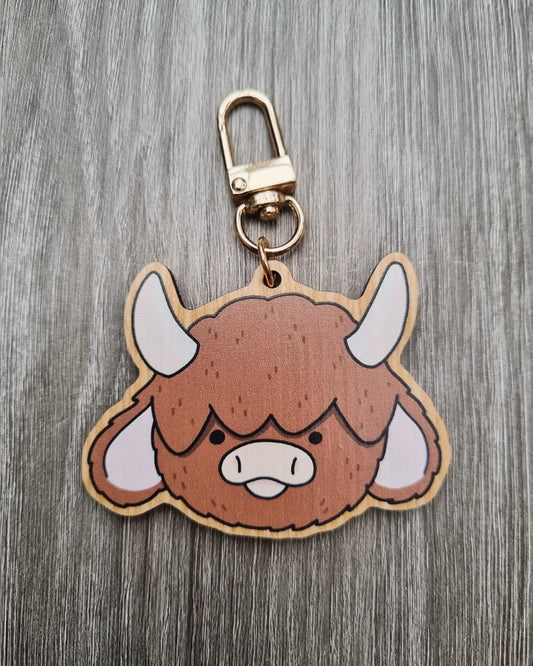 Cute fluffy horned cow keychain, highland cow wooden bag charm