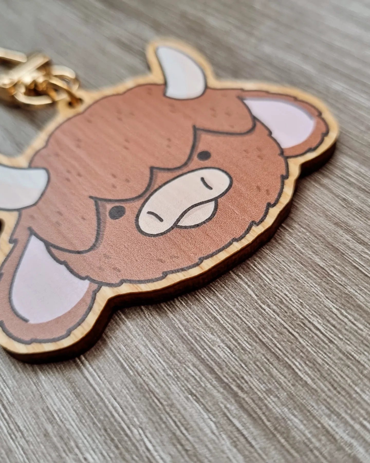 Cute fluffy horned cow keychain, highland cow wooden bag charm