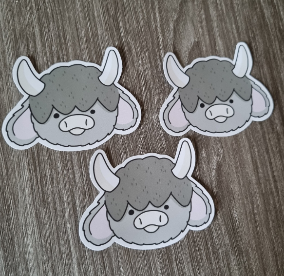 Cute fluffy grey horned cow sticker, kawaii cow sticker