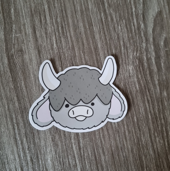 Cute fluffy grey horned cow sticker, kawaii cow sticker