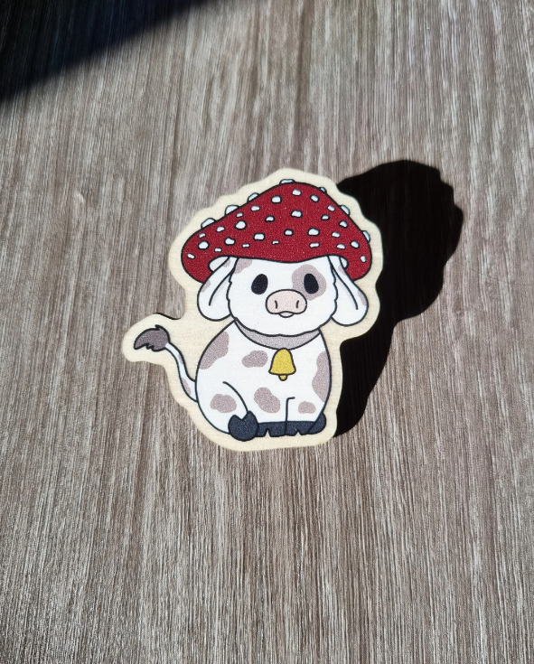 Cute mushroom cow wooden pin, cow wooden badge