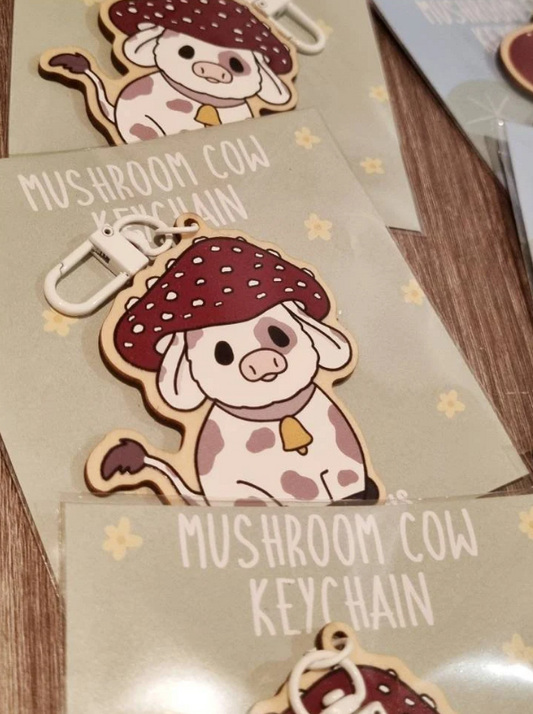 Cute mushroom cow wooden keychain, kawaii cow keyring