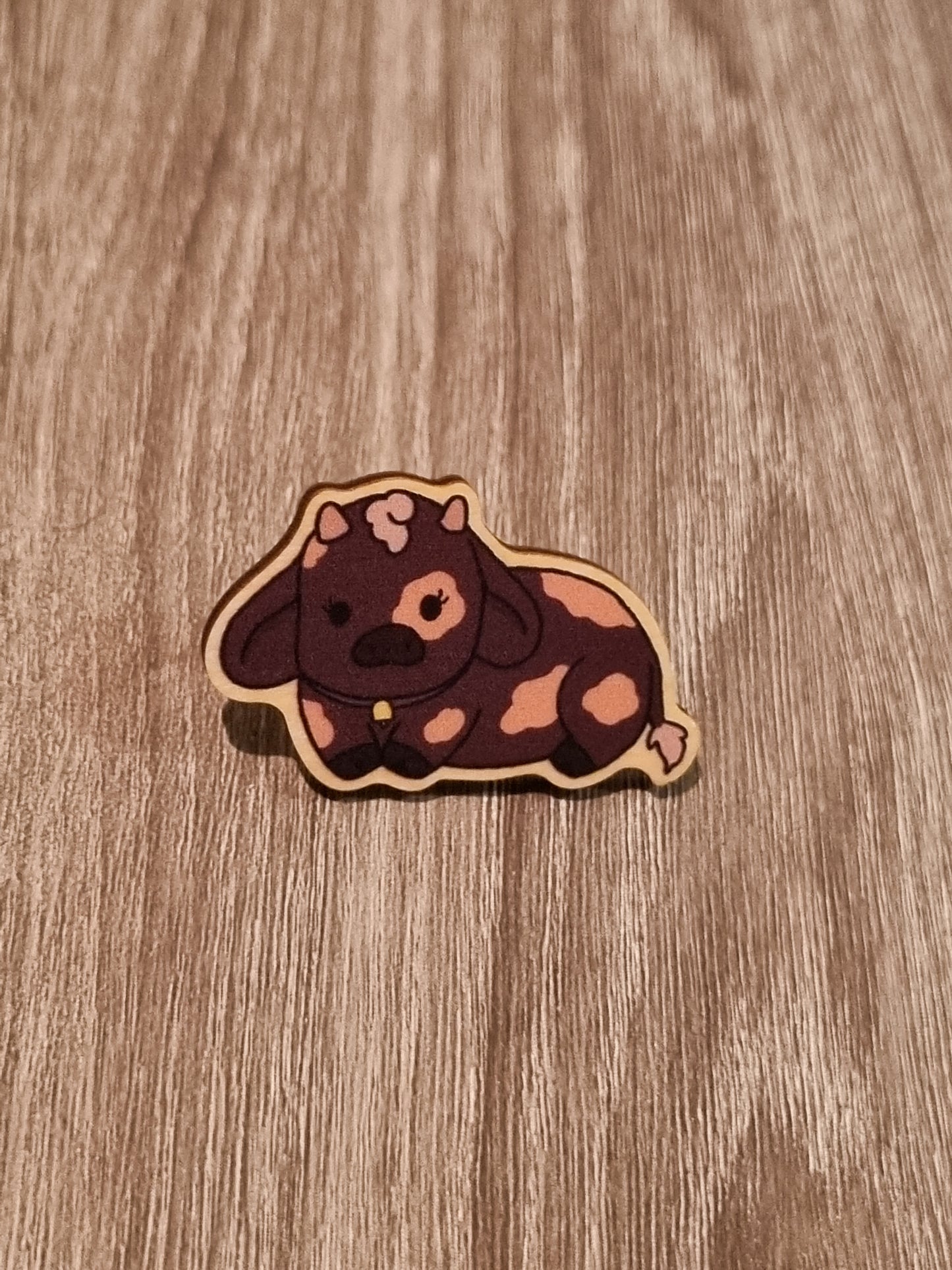 Cute brown cow wooden pin, kawaii cow pin badge